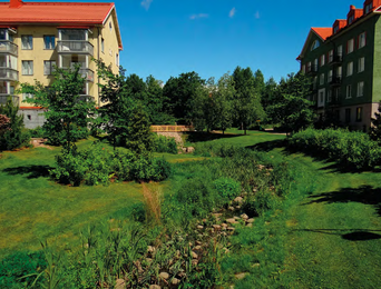 A small and green stream running through a residential area with apartment buildings on both sides.